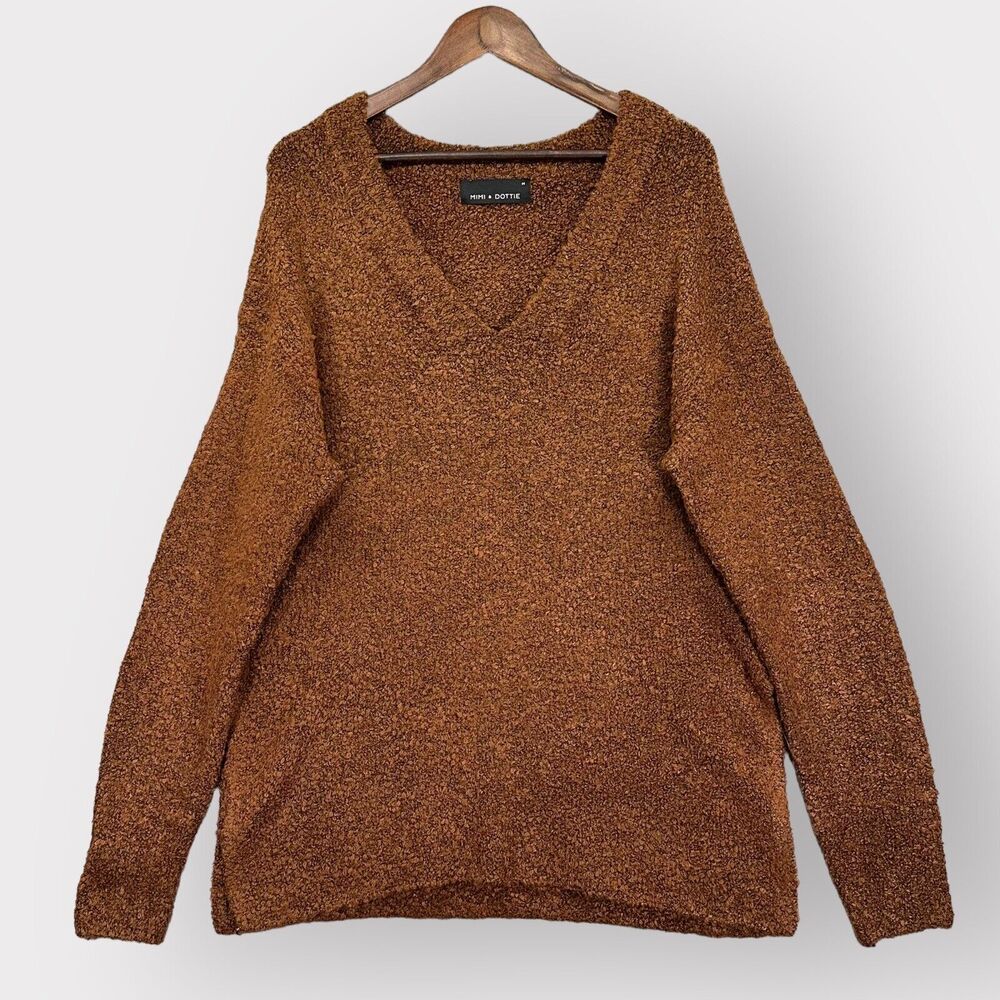 Mimi‎ & Dottie Sweater Women M Brown Knit V-Neck Pullover Long Sleeve i12